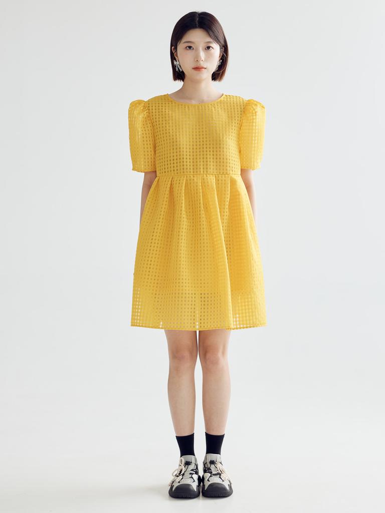 Bomnal Boutique Checked Voluminous Mini Dress _ Mustard
