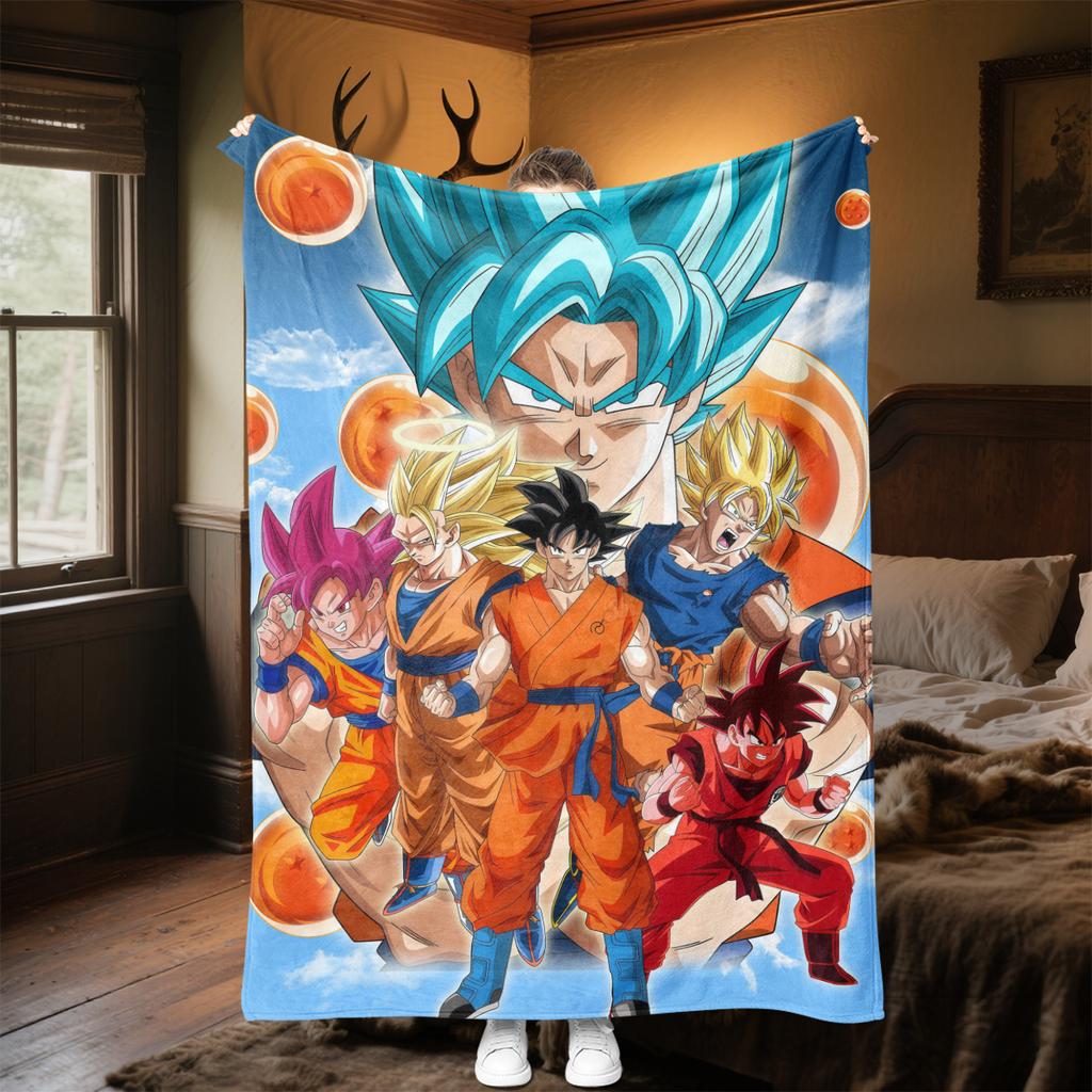 1pz Coperta in Flanella con Stampa Son Goku, Alta Qualità per Tutte le Stagioni, Decorazione per la Casa, Calore e Comfort, Perfetta per Regali di Natale