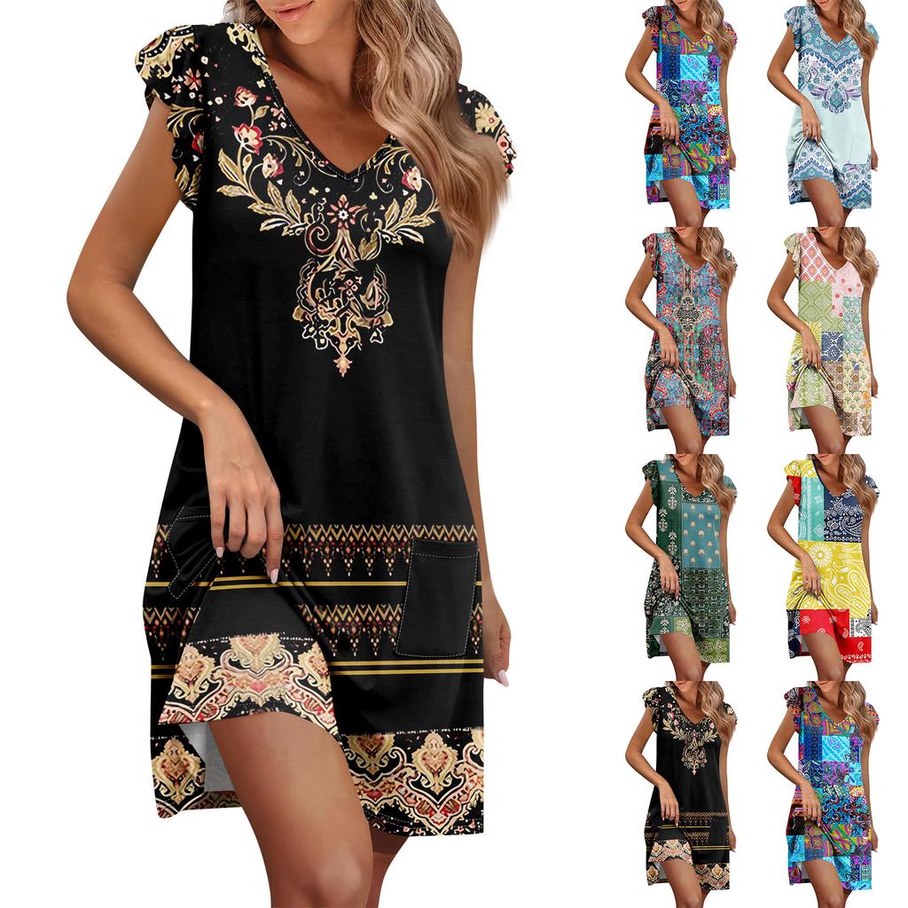 Womens Summer Dress Ruffle Sleeve V Neck Short Dresses Fashion Casual Flowy A Line Swing Sundress With Pocket