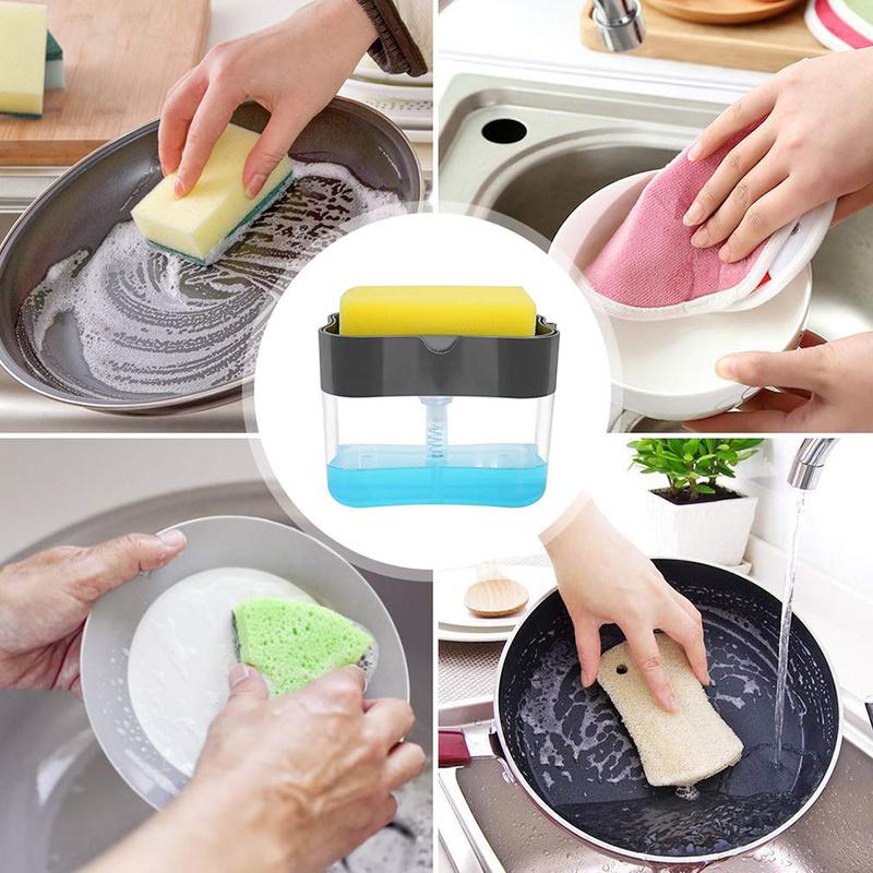 6 Colors Soap Pump Dispenser with Sponge Holder Cleaning Liquid  Press  Organizer Container Manual Cleaner Tool