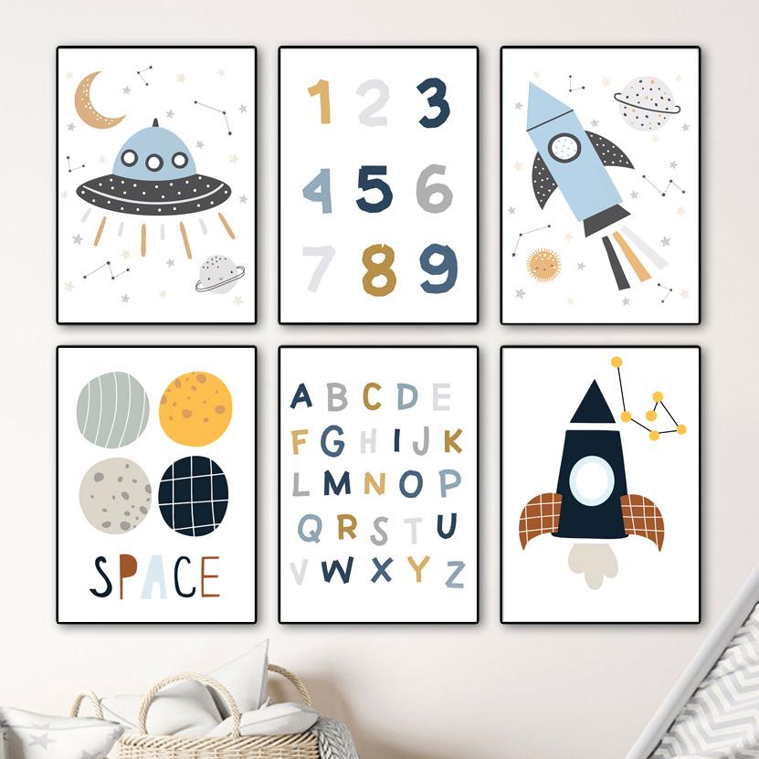 

Алфавит, цифровая космическая ракета, НЛО, скандинавские образовательные плакаты и принты, художественная картина на холсте, настенные панно для декора детской комнаты