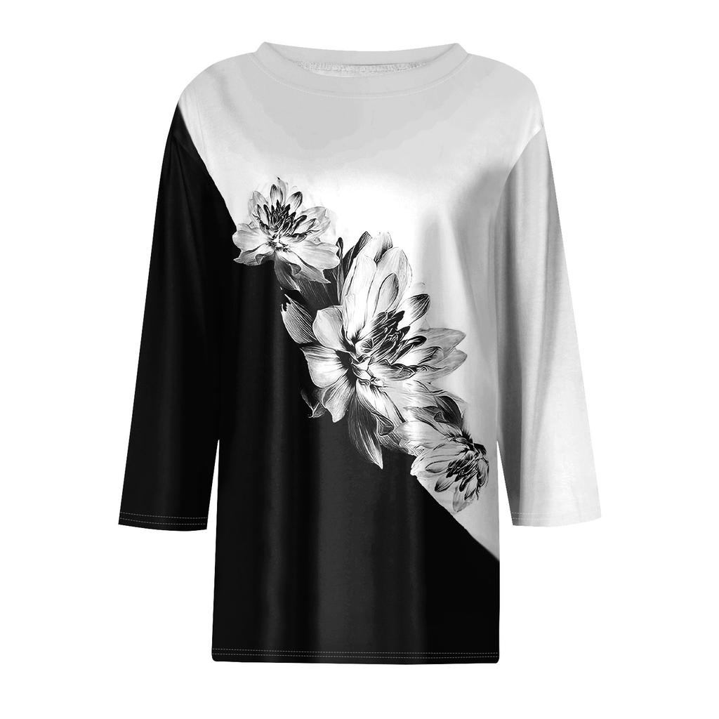 Women's Fashion Casual Round Neck 3/4 Sleeve Loose Printed T-Shirt Ladies Top