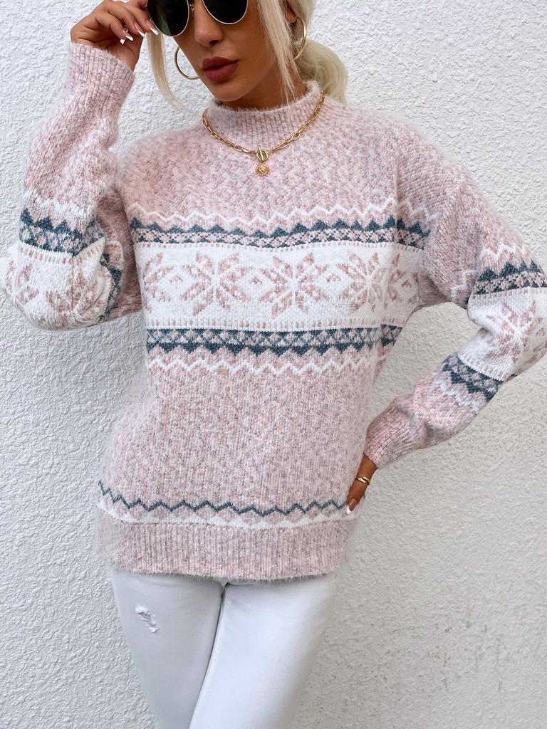 Women's Autumn/Winter Snowflake Pullover Sweater with Semi-High Neck