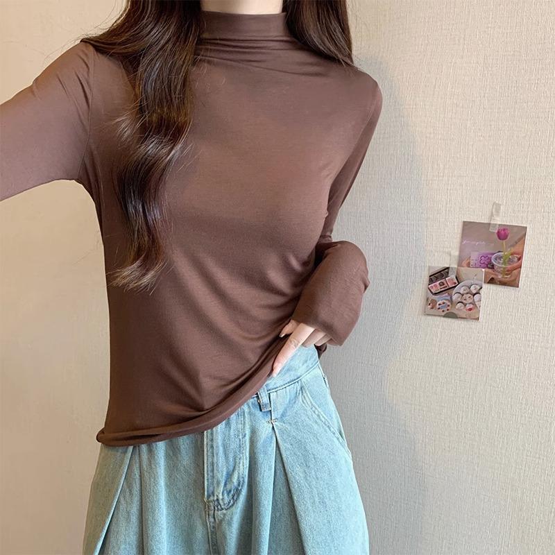 Half-turtle collar German velvet long-sleeved T-shirt for women in autumn and winter, slim fit inner wear, mid-collar simple versatile shirt top