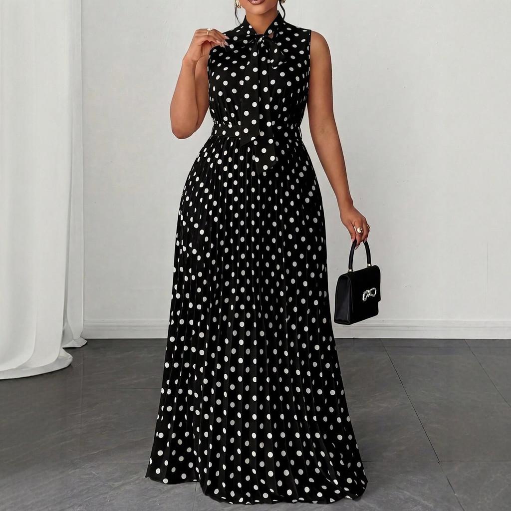Elegantes ärmelloses Polka-Dot-Kleid mit Bindeband für Sommerreisen und Freizeit