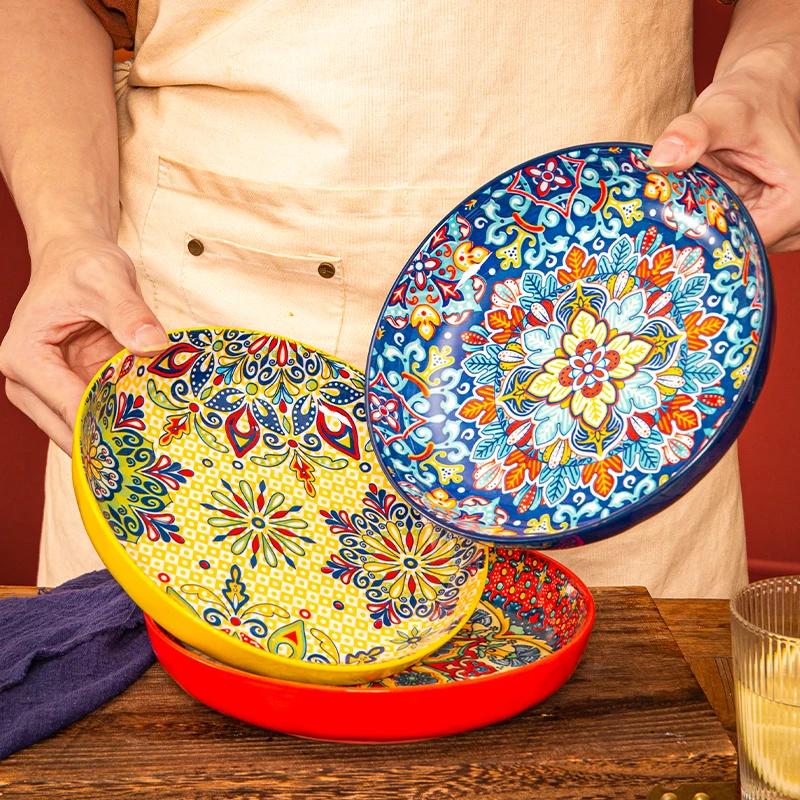Bohemian Ceramic Plate 7-8 Inch Deep round Steak Fruit Dish Home Creative Tableware 1pc