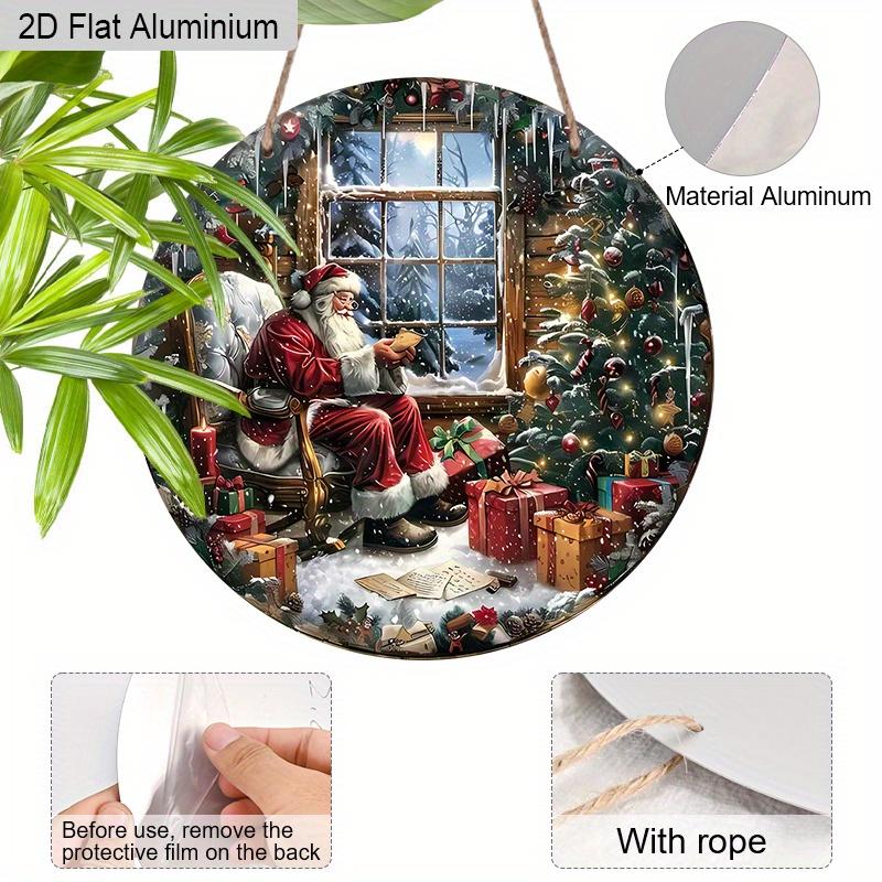 2D Flat Aluminium Oil Painting Style Christmas Sign with Santa Claus Pattern - Warm Winter Figurine Ornaments - Ideal for Front Door, Wall, Porch
