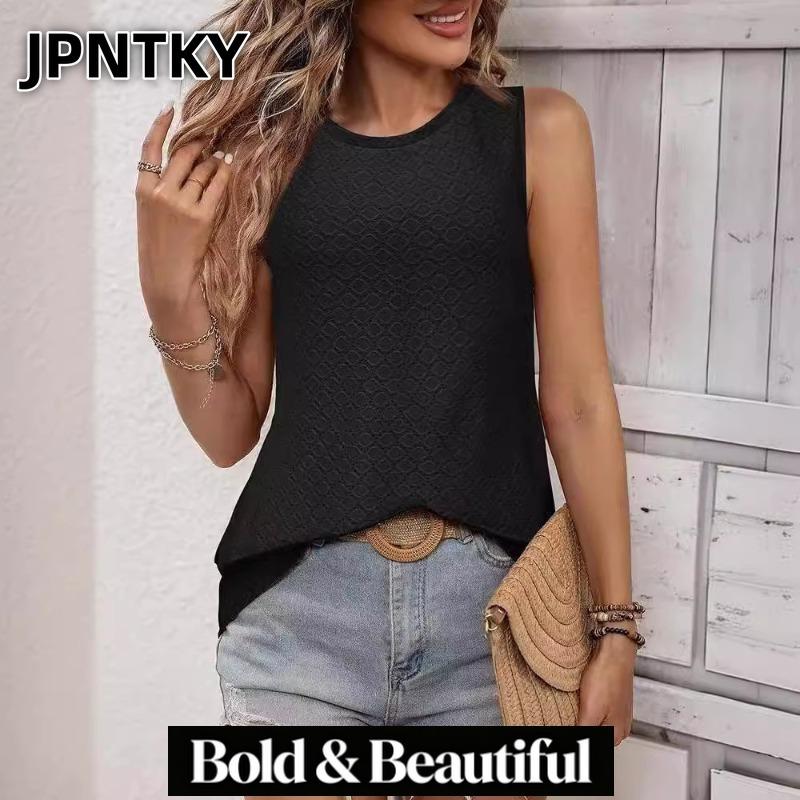 JPNTKY Women's Fashion Casual Solid Color Print Sleeveless O-Neck Blouses & Shirts