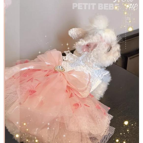 Luxury Pink Sweetheart Dog Princess Dress, Big Bow Lace Evening Gown with Heart Diamond for Small Dogs