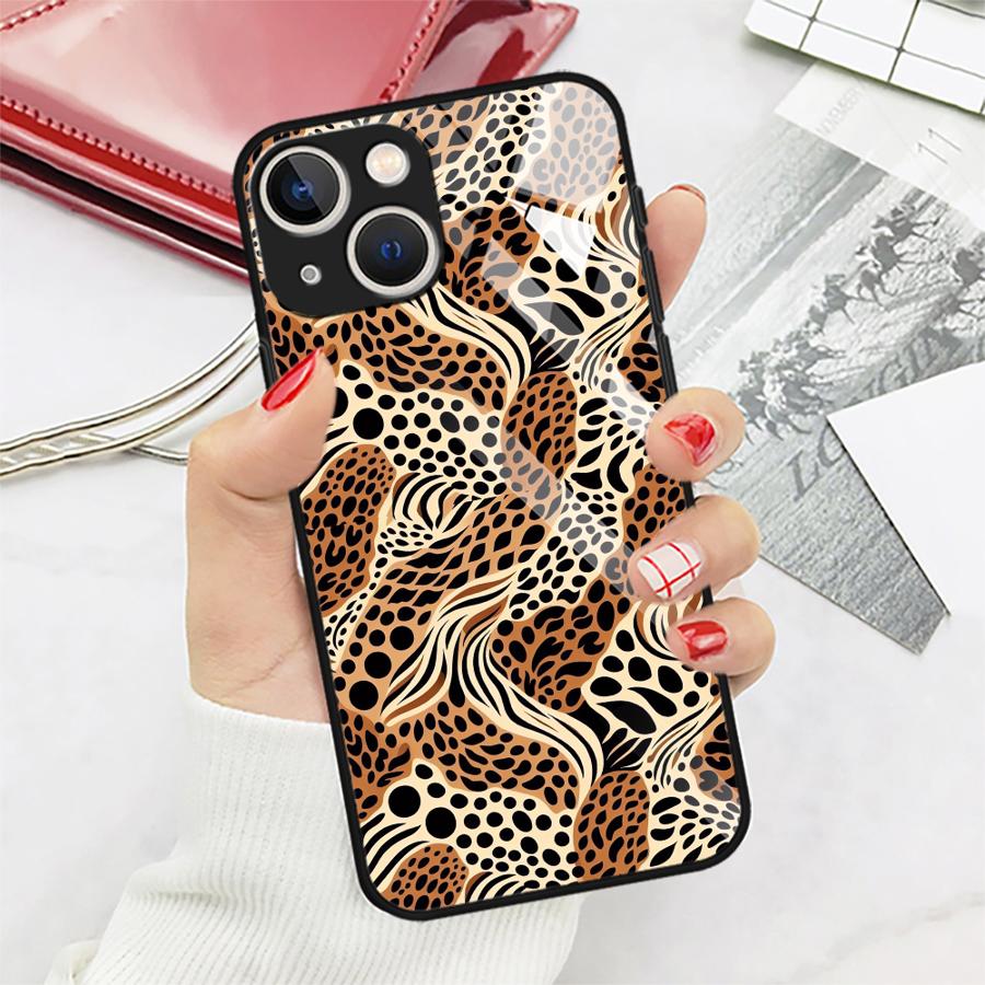Glass Phone Cover Case for iPhone 17 Pro Max Air 16 XR 13 11 8 15 Plus 12 14 Leopard Print