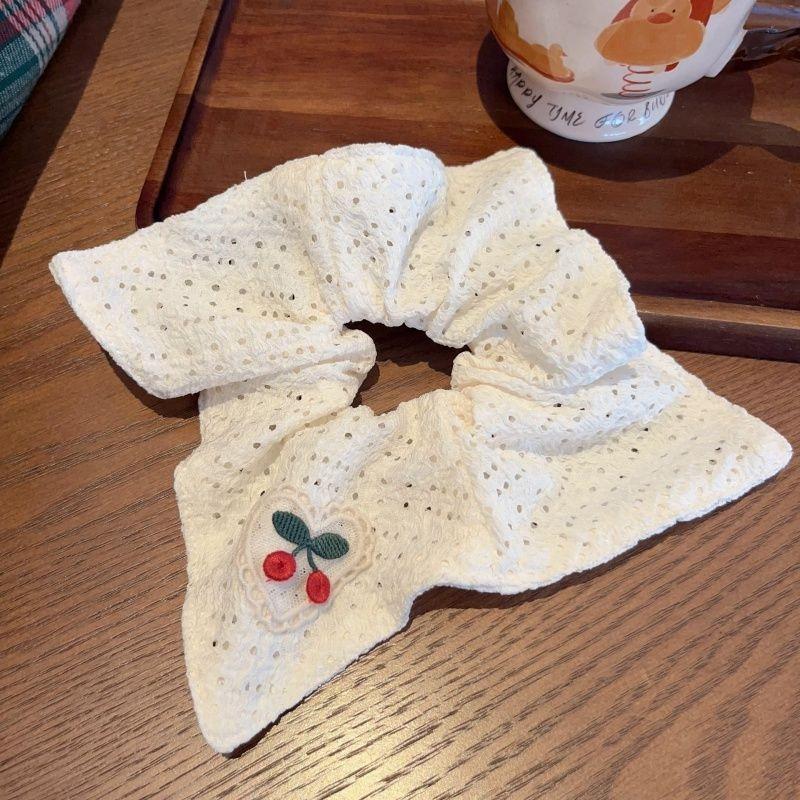 Embroidered Cherry Head Rope White Hollow Fabric Square Scarf Hair Band Large Intestine Headband Sweet Headband Hair Accessory