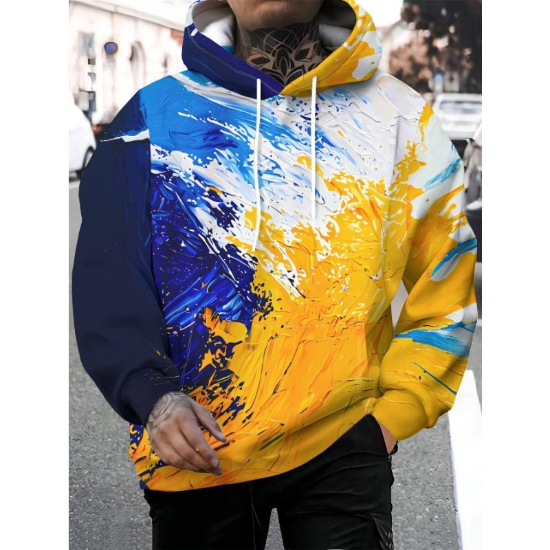 Men Blue Yellow Thick Paint Splash Abstract 3D Print Hoodie Oil Painting Graphic Casual Long Sleeve Hooded Sweatshirt