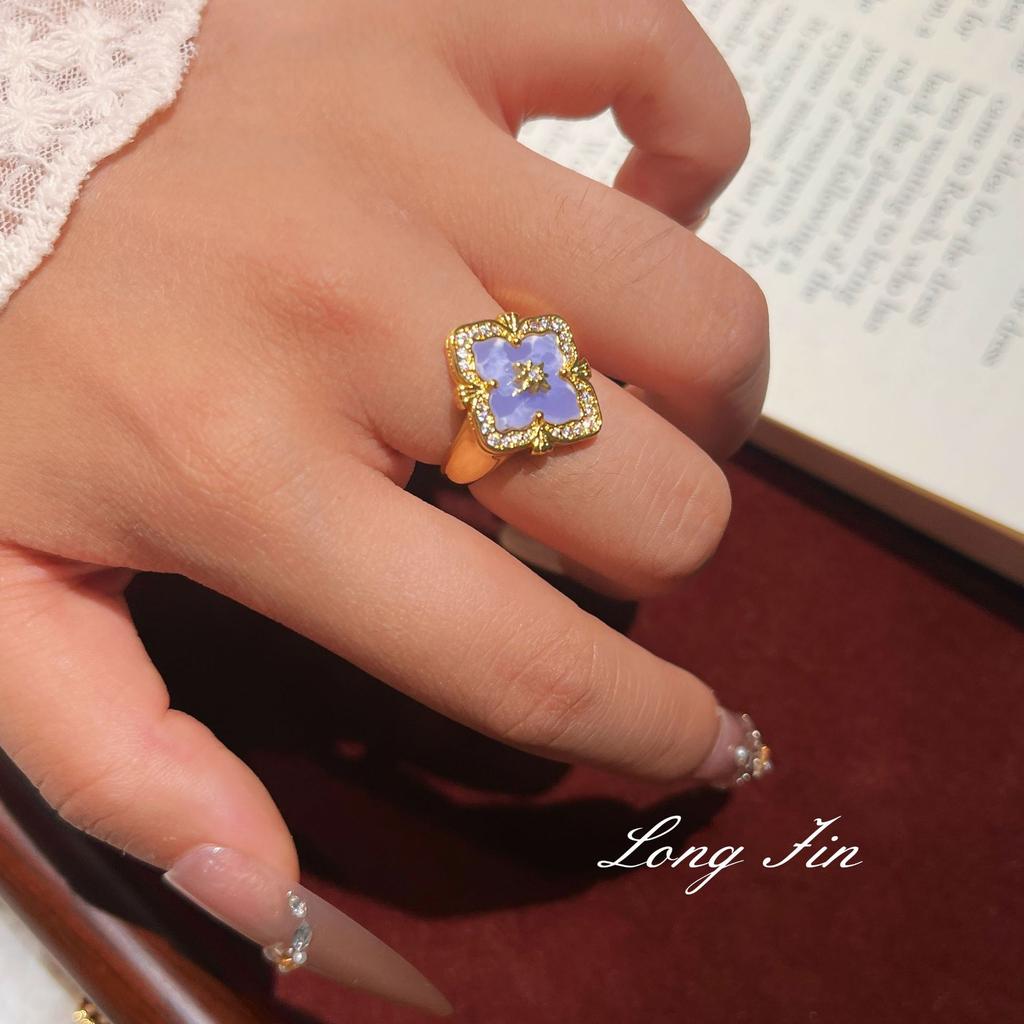 French Retro Raspuche Four-Leaf Clover Blue-Purple Suit, Bracelet Necklace, Earrings, Court Style, Light Luxury And Versatile.