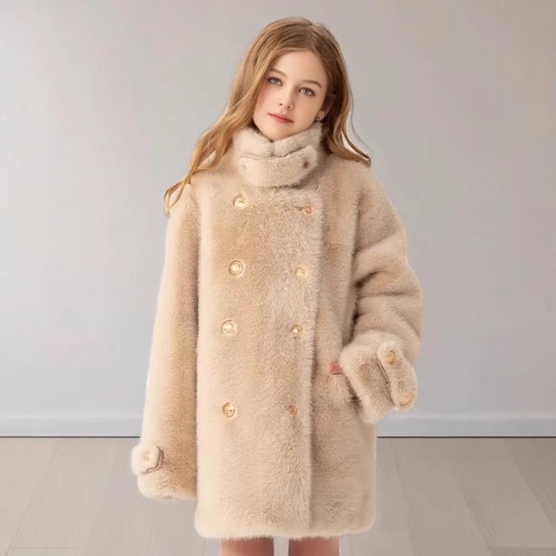 Winter Warm Girls Fashion Double-Breasted Cotton Lined Faux Fur Jackets School Kid Thick Coat Children Outfit Windbreaker