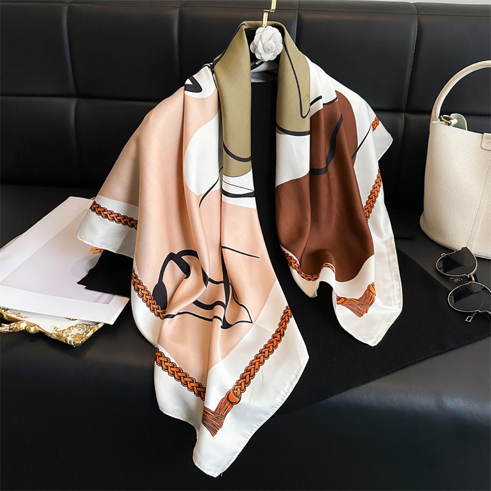 Luxury Brand Color Block Printed Scarf Elegant Thin Smooth Satin Shawl Summer Windproof Sunscreen Square Scarf For Women