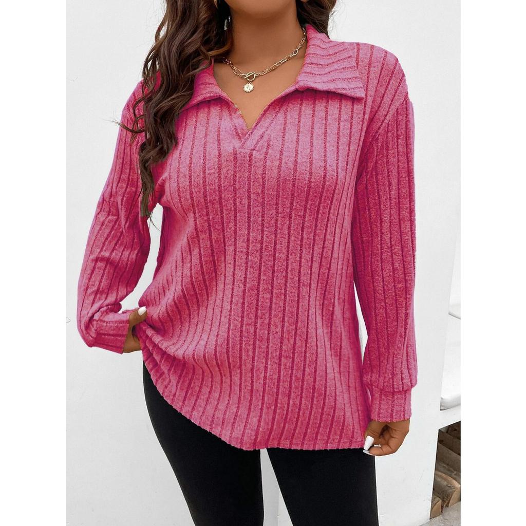 Autumn Winter New Solid Color Plus Size Women's Top V Lapel Long Sleeve Ribbed Brushed T-shirt Loose Casual