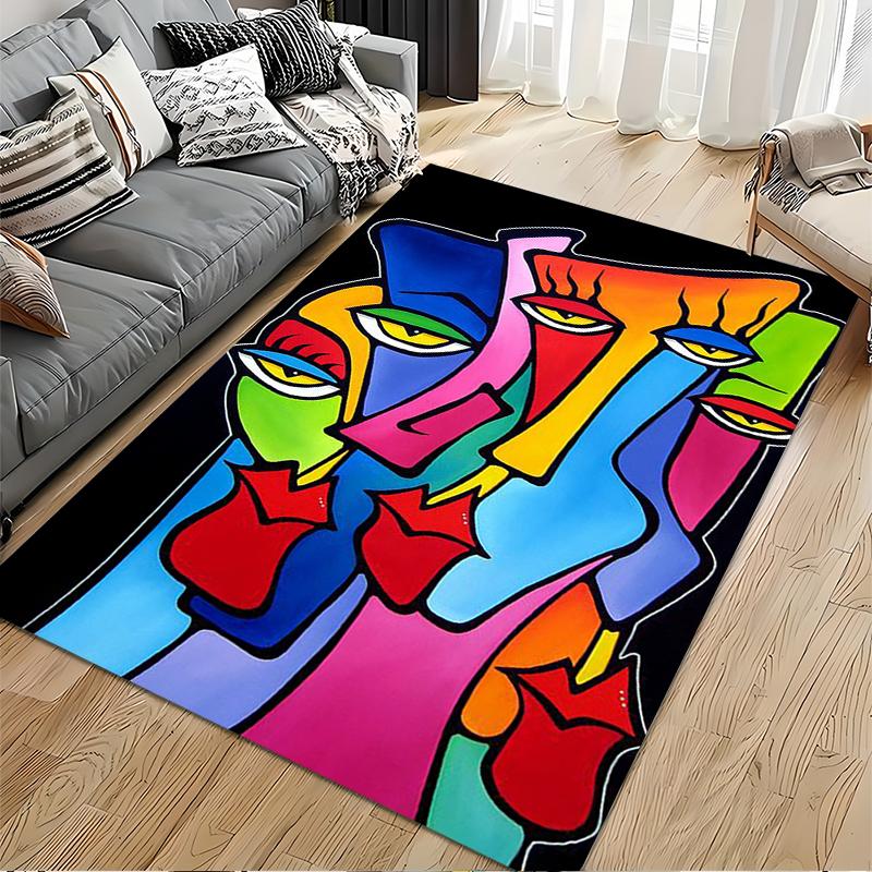 Abstract Multicolor Faces Art Rug - Non-slip rug suitable for living room and bedroom sofas.