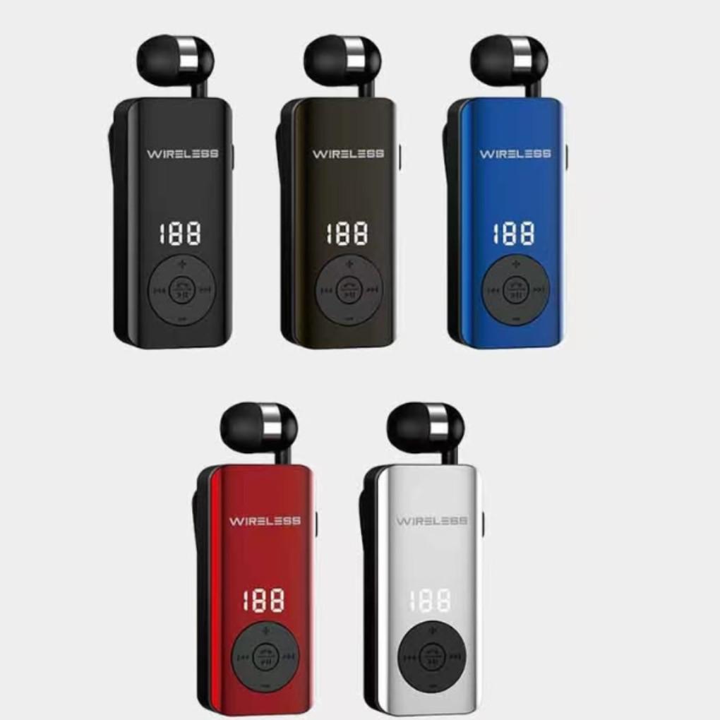 Clip-On Bluetooth Headset with Digital Display, Stereo Sound, Long Battery Life, and Retractable Cable