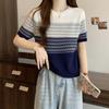 Striped Ice Silk Sweater Women's Short-sleeved Summer Loose Thin T-shirt Top
