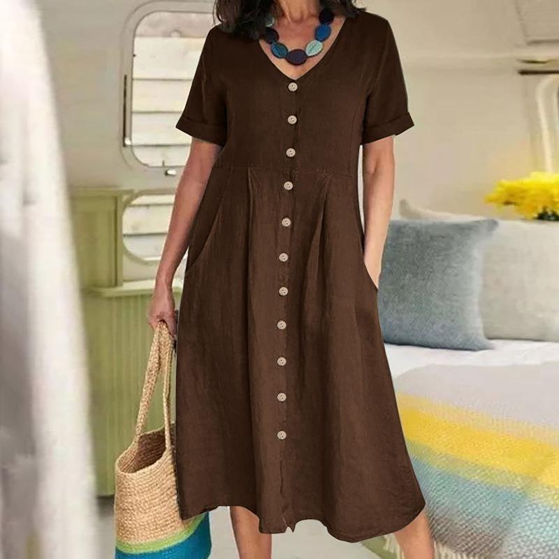 Fashion V Neck Short Sleeve Summer Women Shirt Dress Solid Color Loose Elegant High Waist Casual A-line Dresses Female Simple Office Pockets Clothing