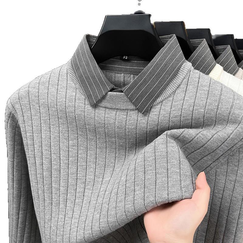 Men's Faux Two-Piece Autumn/Winter Knit Sweater with Shirt Collar - Casual Base Layer for Middle-Aged Dads