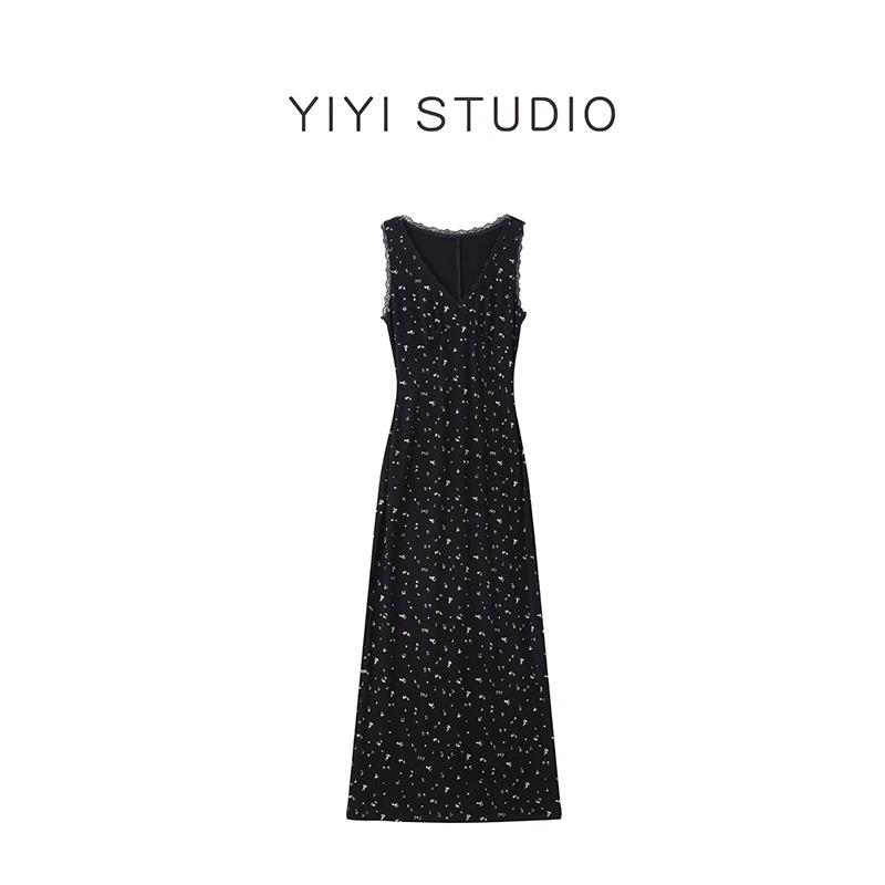 Small Spring and Summer Temperament Suspender Dress Women's Black Floral Waist Dress
