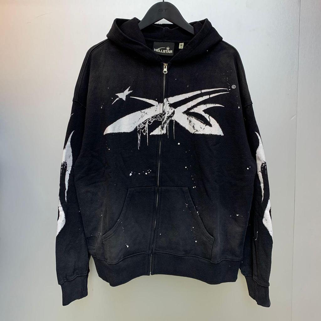 Hellstar Ausgefranster Retro Lockerer Reißverschluss Reiner Baumwoll Hoodie - Amerikanischer Hip Hop Stil