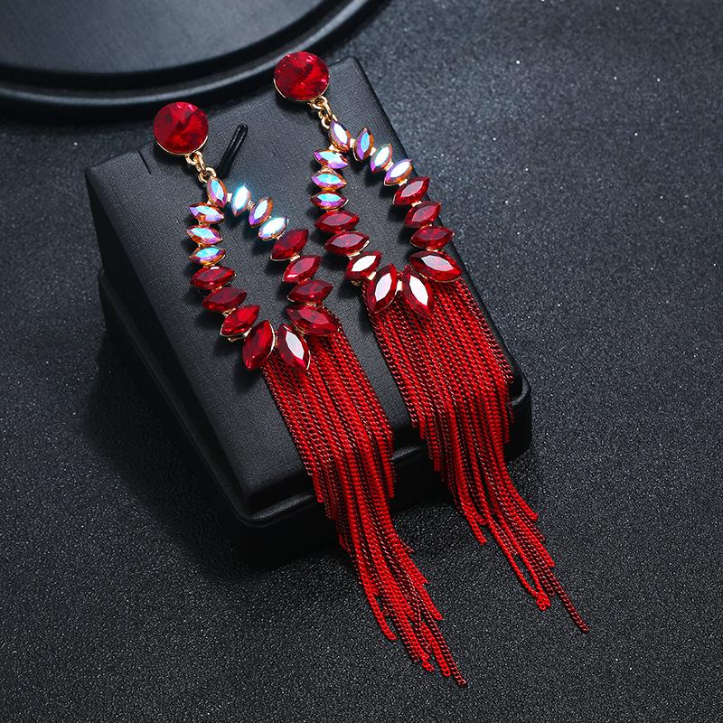 Long Crystal Fringed Stud Earrings Women's Retro Temperament Versatile Earrings Show Face Thin Fashion Personality New Earrings
