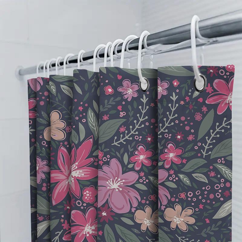 Pink Floral Shower Curtain Decorative Bathroom Waterproof Privacy Screen Window Treatment With Hooks For Home Decoration Dark Na