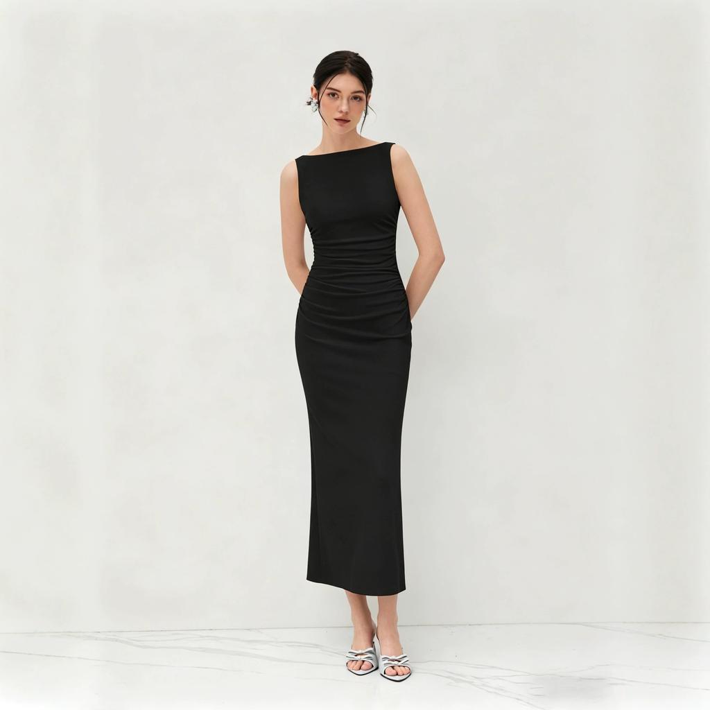 Abito da donna midi elegante, senza maniche, con scollo a barca, vestibilità aderente, vita arricciata, spacco, bodycon