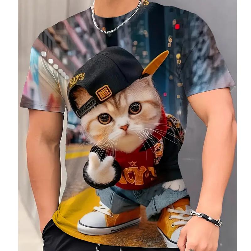 New Summer Men's Fashion T-shirt Personality Kitty Printed Men's T-shirt Top