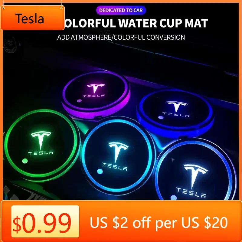 Car Sticker Tesla 2pcs Luminous Car Cup Coaster Holder Car Led Atmosphere Light For Tesla Model 3 Roadster Y Bonina Juguete Cybe