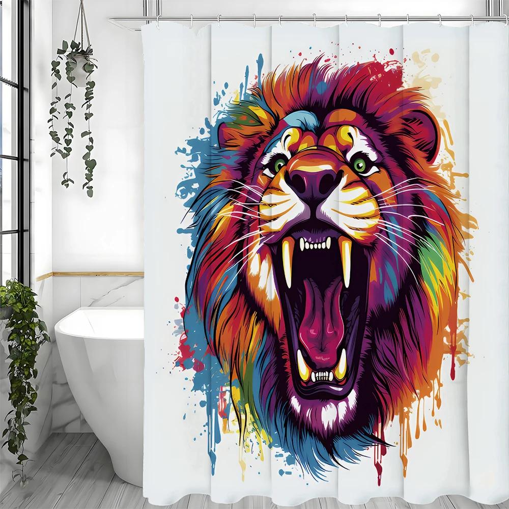 Lion Roar Watercolor Shower Curtain, Bathroom Decorative Shower Curtain, Waterproof Shower Curtain With Hooks