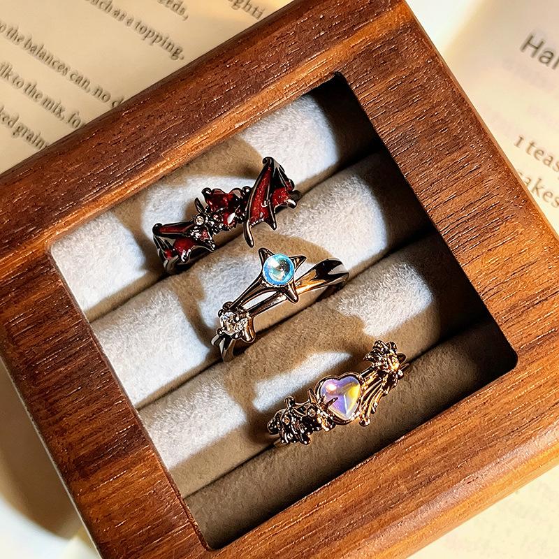 Punk Gothic Open Ring Dark Sweet‑Cool Style Bat‑Wing Heart Star Enamel Inlaid Zircon Niche Personality Adjustable Stackable Decorative Ring