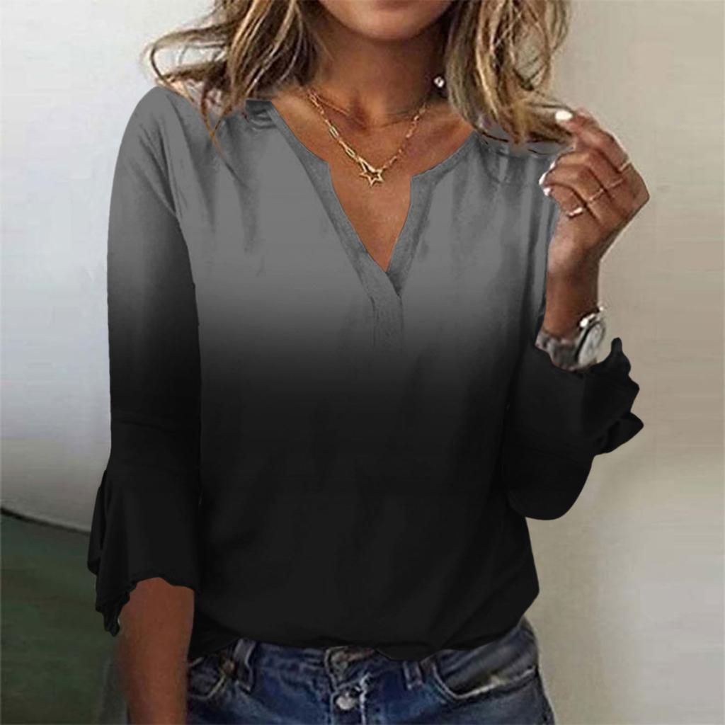 Women's Fashion Top  Casual  V-neck Printed Blouses Bell 3/4 Sleeve T-shirt