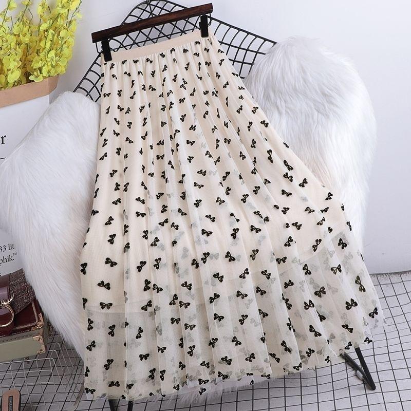 

Миди-юбка с высокой талией, облегающего кроя, из сетки с флокированным бантом для женщин one size