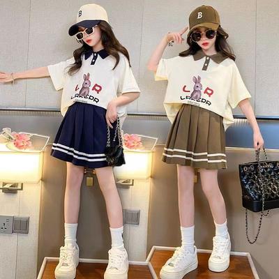 Summer Teenage Girls Clothes Set Children Lapel Tshirt and Pleats Skirts Suit Student School Short Sleeve Top Bottom Outfits