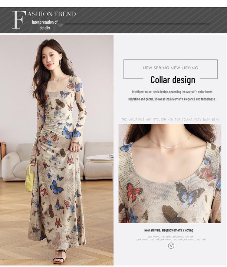 Retro Butterfly Print Long-Sleeve Dress - Slim Fit, Sexy Ruched Waist