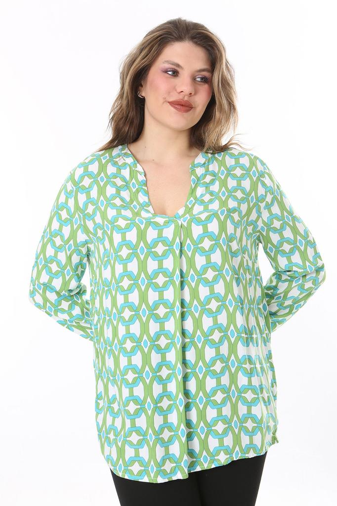 Damen Übergröße Bluse Plus Size Grün Gewebte Viskose Stoff V-Ausschnitt Bluse