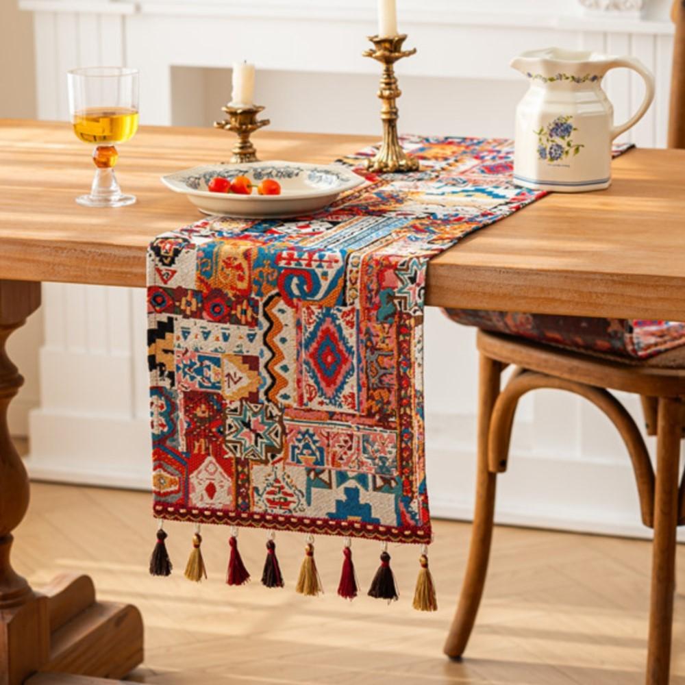 Yarn-Dyed Jacquard Tassel Trim Ins Coffee Table/TV Stand/Bed Decorative American Retro Bohemian Table Poly-Cotton Tablecloth
