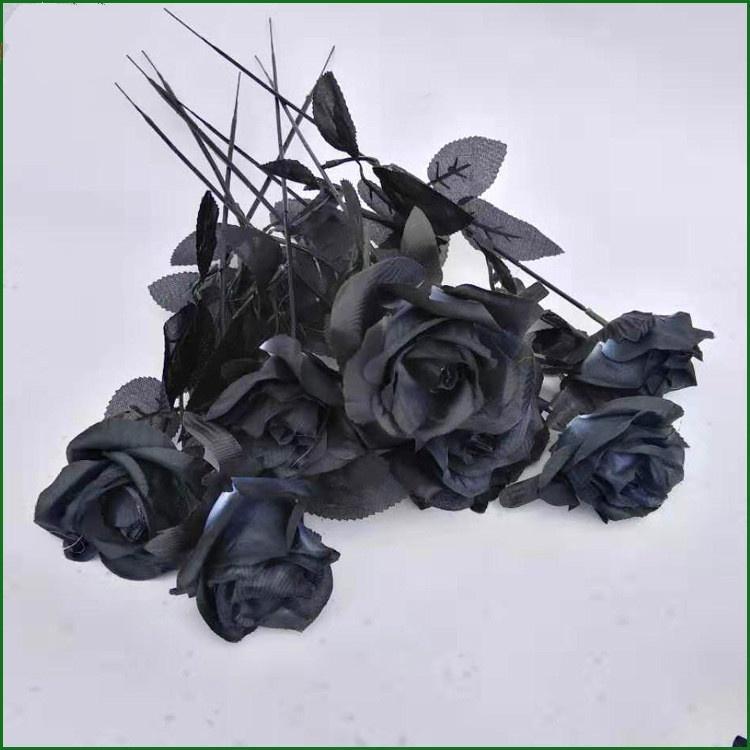 10pcs/Set Artificial Black Rose Bouquet Halloween Home Simulation Black Rose Fake Flower Wedding Par