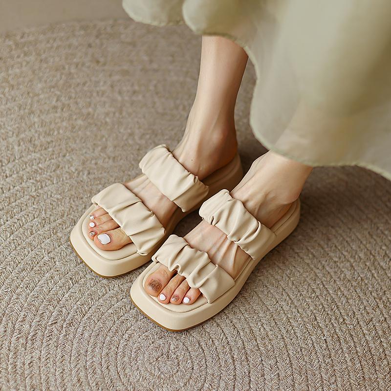 Genuine Leather Open Toe Outside Slides Women Sandals Flats Square Heel Concise Women Shoes Fashion Women Platform Shoes