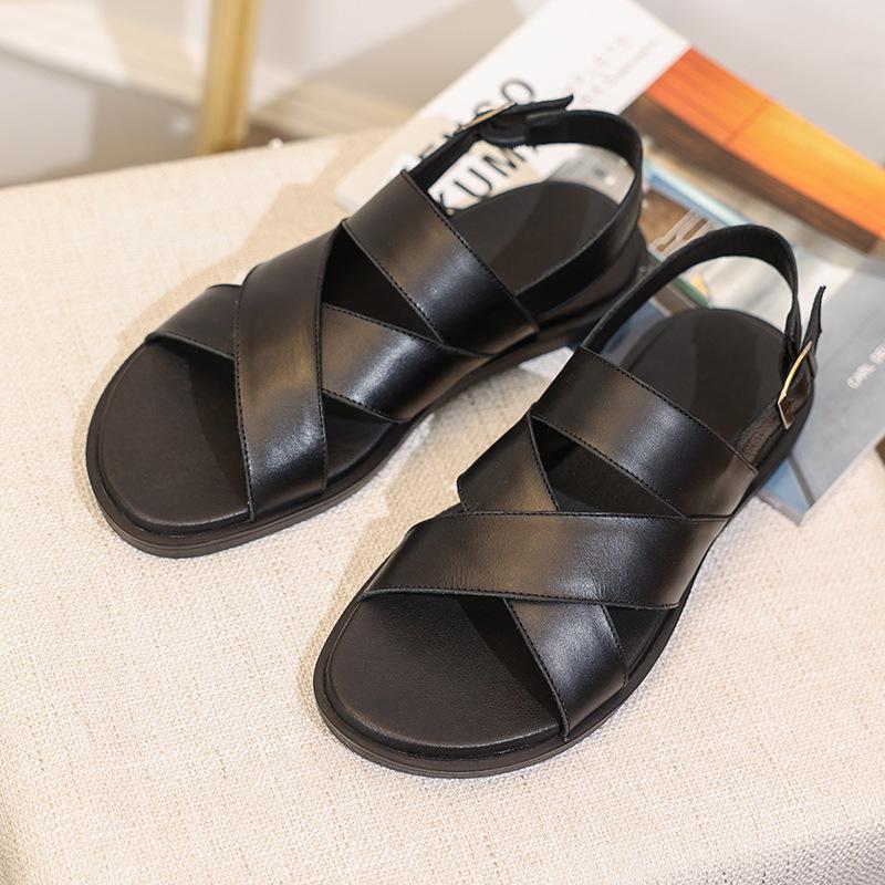 Trend Men Genuine Leather Sandals Summer Breathable Black Leather Casual Sandals Fashion Flats Lightweight Sandals Business Shoe