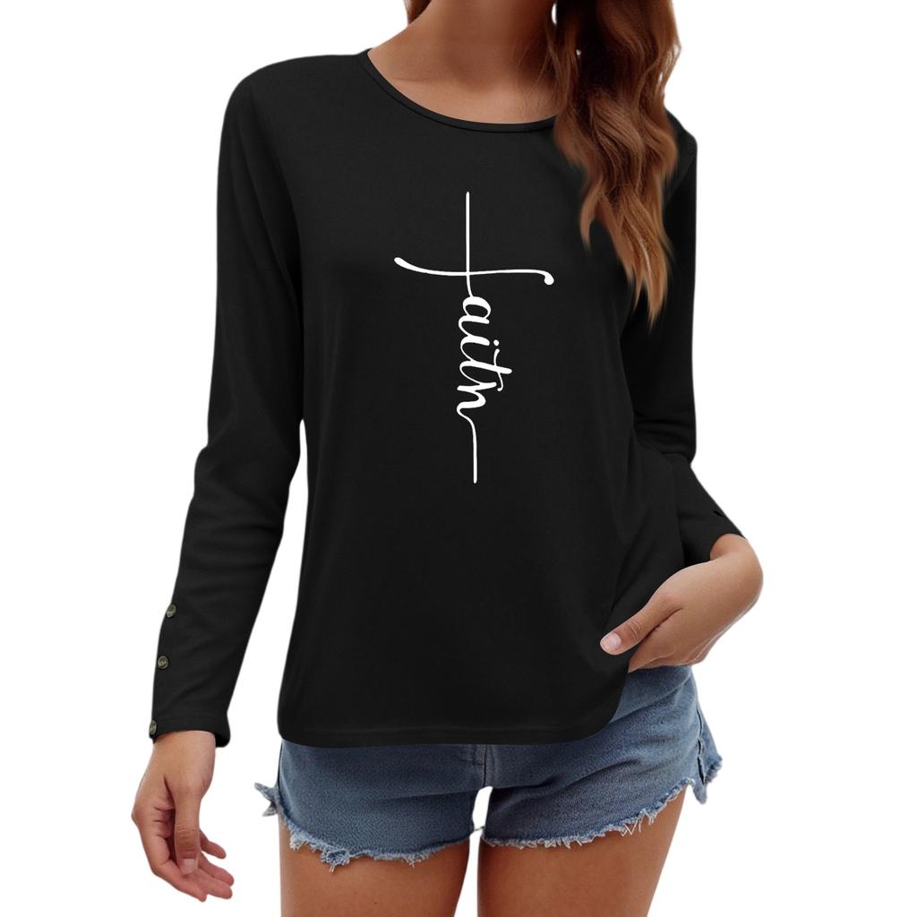 Tshirts For Women Long Sleeve,Round Sleeve Vertical Cross Casual Graphic Shirt,