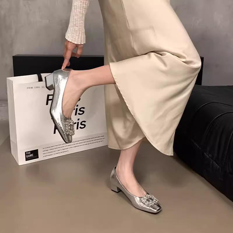 Fashion 2025 Summer New Slip on Women's Square Toe Med Heel Pumps Crystal Square Button Dress Professional Shoes for Office & Career