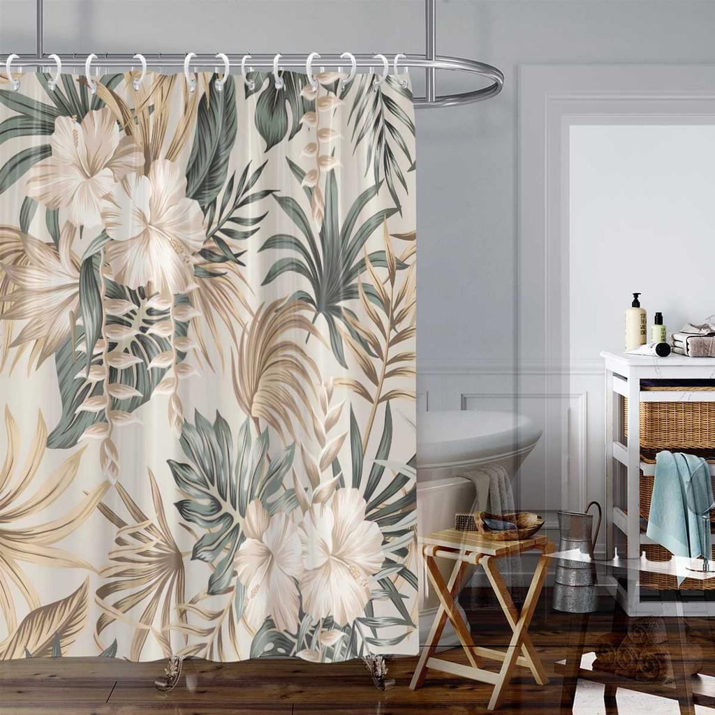 1pc Monstera Deliciosa Floral Print Shower Curtain, with 12 Hooks, Machine Washable, for Shower Partition and Privacy Protection