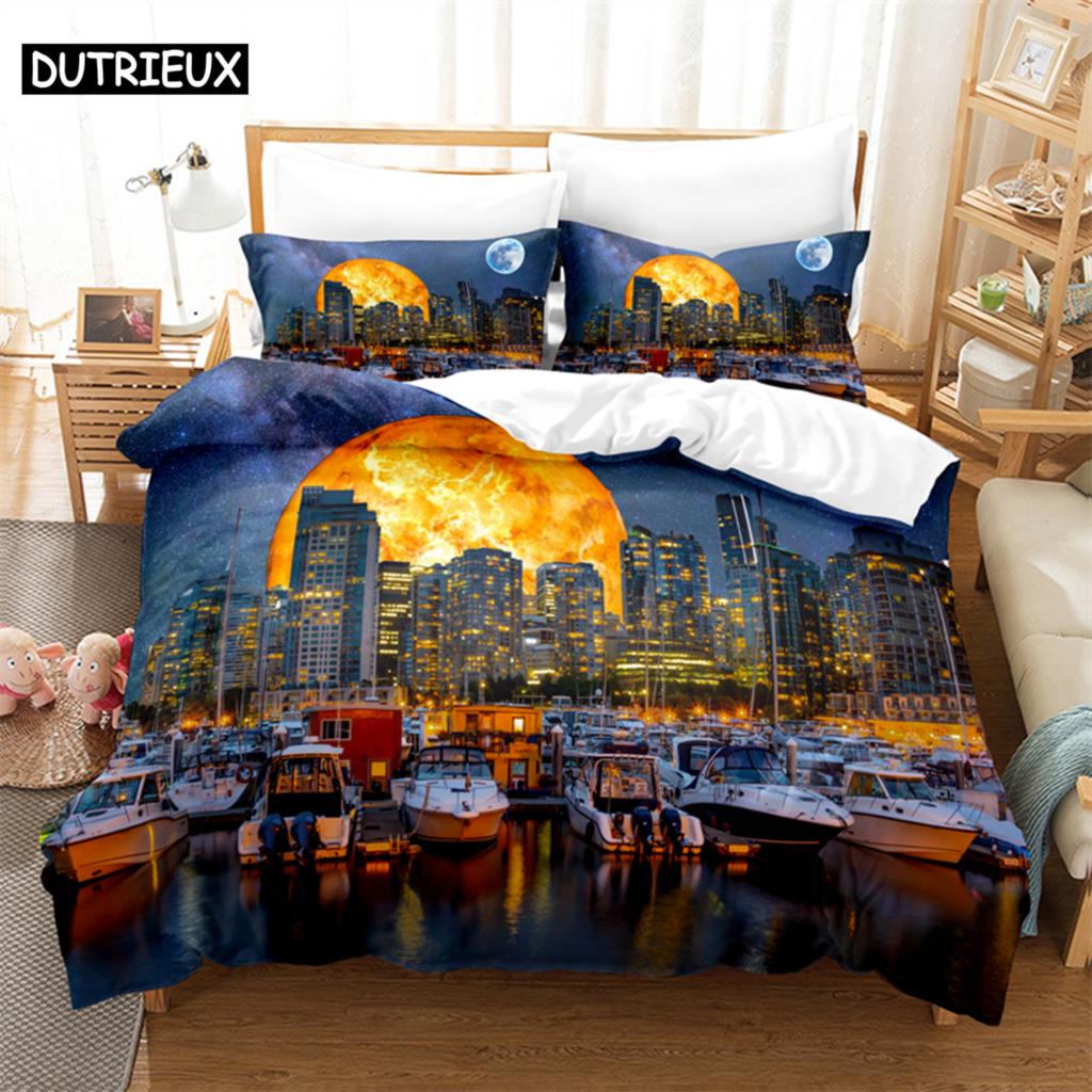 3D Digital Printing Fashion Design City Night Scene Beding Set, Quen Sized Dimensions Soft with Soft Fabric Duvet Cover Set