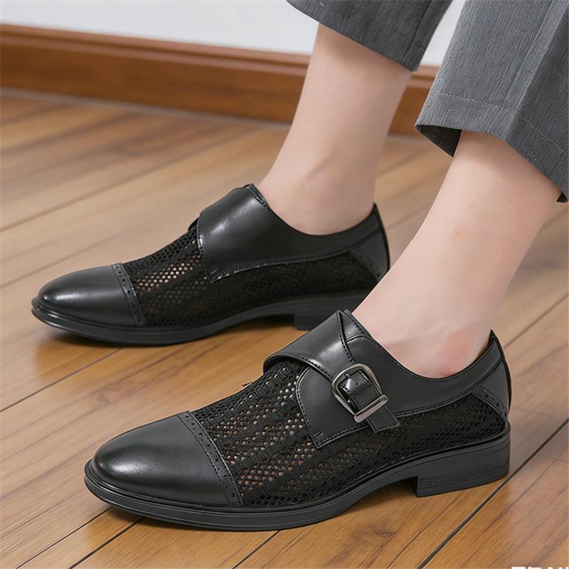 Summer New Breathable Mesh Patchwork Leather Shoes for Men Luxury Designer Formal Wedding Dress Homecoming Monk Strap Loafers