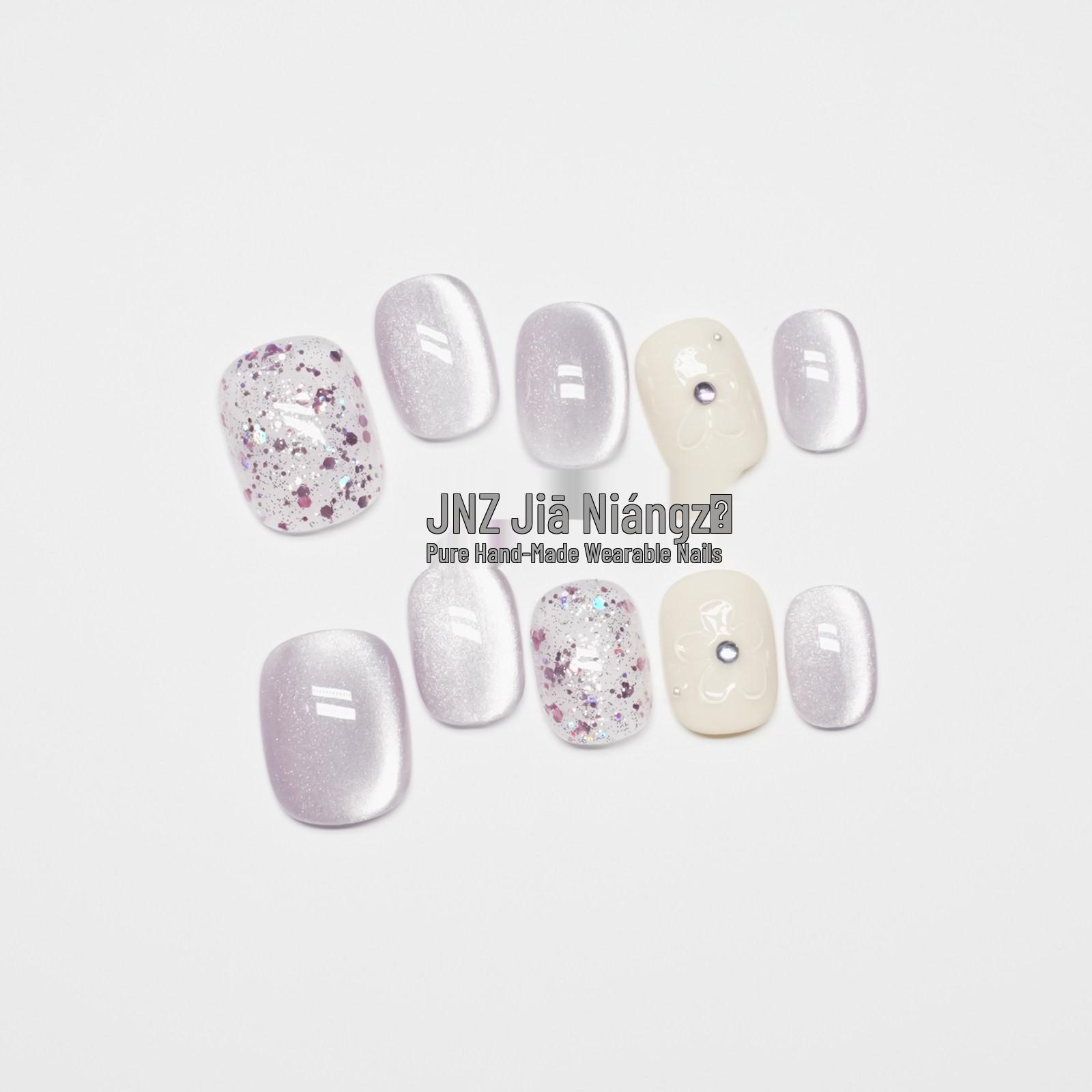 Jia Niangzi Handmade Short Cat Eye Nails in Translucent Taro Purple – Elegant, Bright, and High-Grade Nail Art 10 PCS XS (Includes Tool Kit)