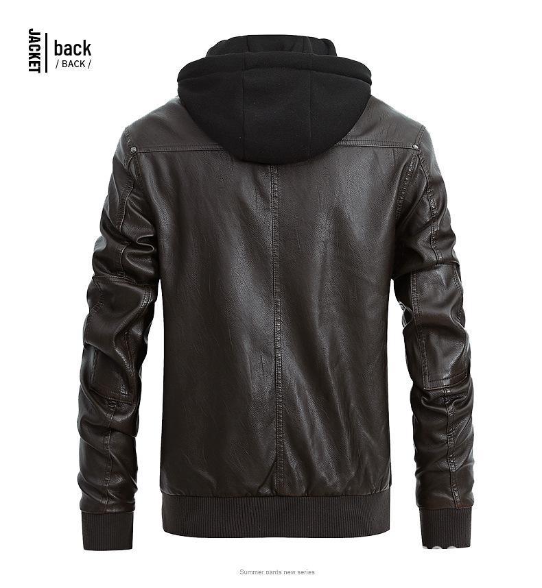 Men's Winter Plus Size PU Leather Jacket with Detachable Hood - Fleece-Lined Motorcycle Coat, European & American Style